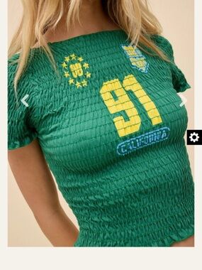 Daydreamer Green Smocked Off-Shoulder Top with Yellow '91' Graphic